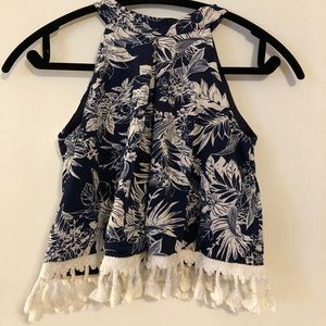 Navy & white slightly cropped top with tassels